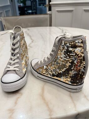 Sequined Wedge High-Top Sneakers - Gold/Silver